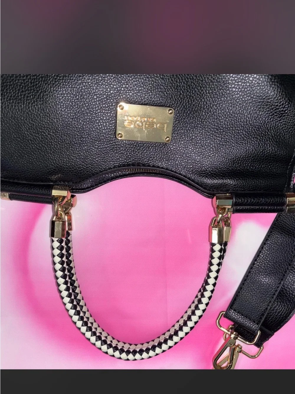 bebe Black Leather Satchel with Braided Top Handle & Removable Strap